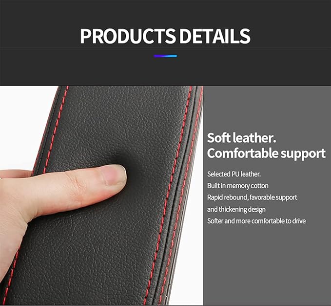 JEYODA Car Armrest Pad, Left Elbow Support, General Leather Booster Pad, Central Armrest Box, Adjustable Armrest (Black red line)