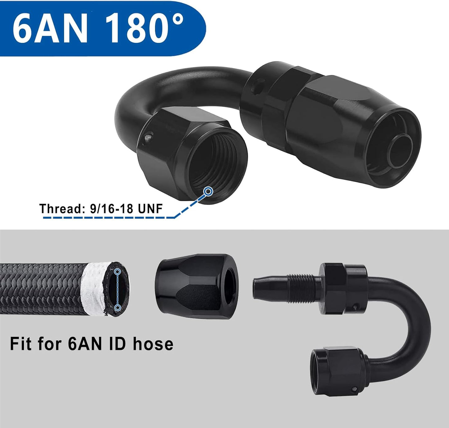 LokoCar 6AN Hose End Fitting 180 Degree Swivel For CPE Braided Hose Black 2Pcs