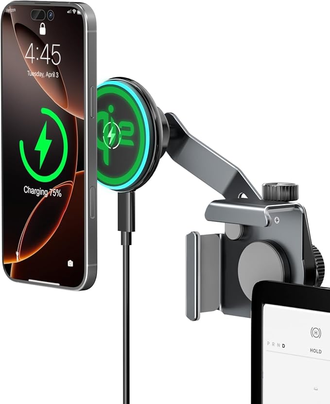 CloudValley 15W Wireless Charger Phone Mount for Tesla Model Y/3,【Extendable Metal Holder】 Compatible with iPhone MagSafe, Magnetic Adjustable Car Holder for Tesla Model 3 Highland/Y Juniper