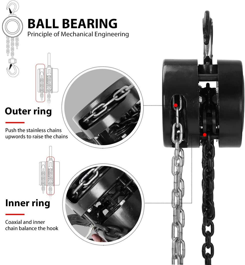 SPECSTAR Hand Chain Hoist 1 Ton 2200 Lbs Capacity 10 Feet with 2 Heavy Duty Hooks, Manual Chain Fall for Warehouse Building Automotive Machinery Black