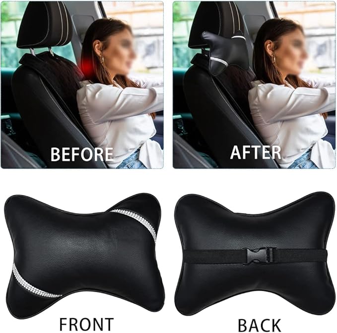 Car Neck Pillows Diamond Seat Auto Headrest Cushion Head Rest Neck 2 Pack Headrest Fit for Most Cars Universal Car Pillow Support Relax Crystal Rhinestone Pu Leather Bling Interior(Black)