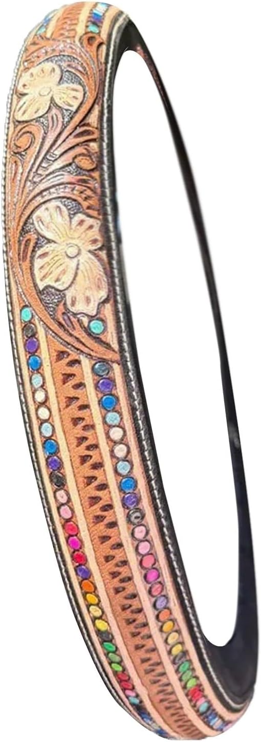 Retro Western Cowboy Car Universal Steering Wheel Cover, Embossed Handcrafted Tooled Leather Western,Anti Slip, Auto Interiors Accessories,Breathable for Trucks SUVs Cars (A)