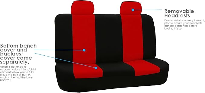 FH Group Car Seat Covers Flat Cloth Automotive Red Full Set, Rear Solid Bench Universal Fit Combo Steering Wheel Cover & Seat Belt Pads Car Seat Protector for Cars Trucks SUV Interior Accessories