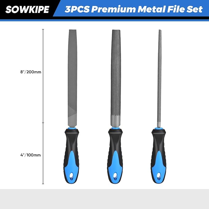 SOWKIPE 3-Piece Metal File Set, Premium High-Carbon Steel Files, 8 Inches, Includes Flat, Round, and Half-Round, Perfect for Metal, Wood, and More