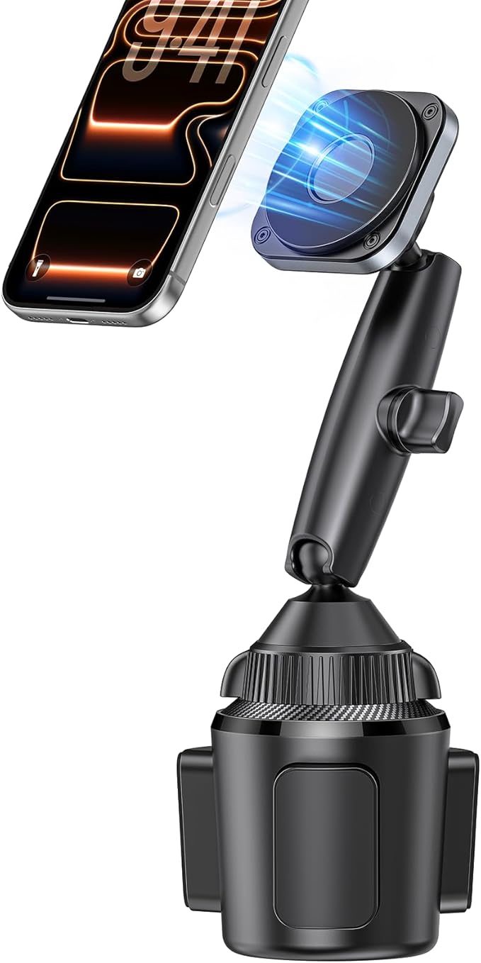 EXELIQ Upgraded Magnetic Cupholder Phone Holder for Car - Ultra Strong N55 Magnets, Flexible Tri-Pivot Cup Phone Mount for Tesla Truck SUV, Compatible with iPhone 17-12 Samsung Android, Not Charger