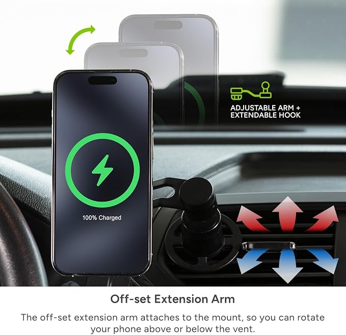 Mophie Snap+ Wireless Charging Vent Mount – MagSafe Compatible, Fast 7.5W Charging, Universal Fit, Adjustable Arm, Secure Twist-Lock, Compatible with iPhone 16, 15, 14, 13 & 12 Series, Black