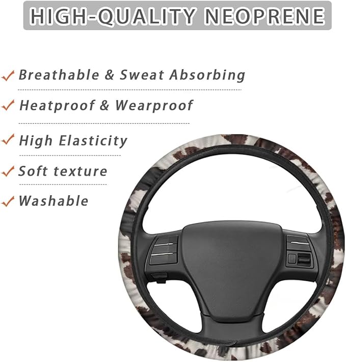 AFPANQZ Steering Wheel Cover for Women, Brown Cow Print Sweat Absorbing Non-Slip Steering Wheel Protection Case Machine Washable Elastic Flexible Universal 14 to 15 inch