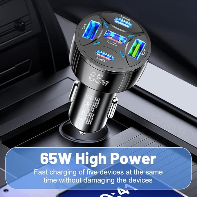 Super Fast Charging USB-C Car Charger Adapter, 65W 5-in-1 Multi-Port PD30W & QC3.0 Cigarette Lighter USB Charger for iPhone/Android/Samsung/iPad Pro (Black)