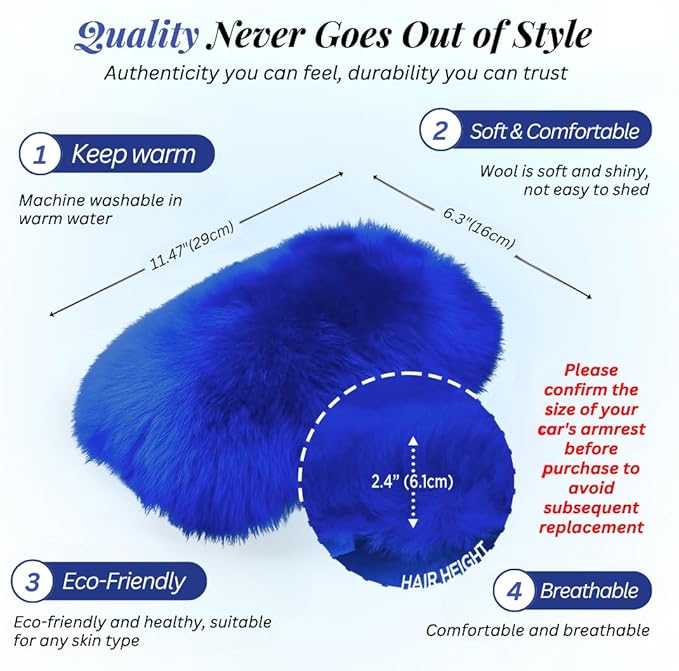 Andalus Brands Pure Australian Sheepskin Fluffy Car Center Console Cover, Luxurious Non-Shedding Furry Arm Rest Cover for Car, Versatile for All Seasons, Blue - (11.47" X 6.3")