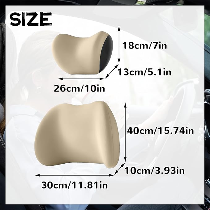 Car Headrest & Lumbar Support Cushion, Car Headrest and Lumbar Support, Ergonomic Car Seat Headrest & Lumbar Cushion, Car Head Rest and Lumbar Pillow Set for Neck Back Pain Relief (Beige)