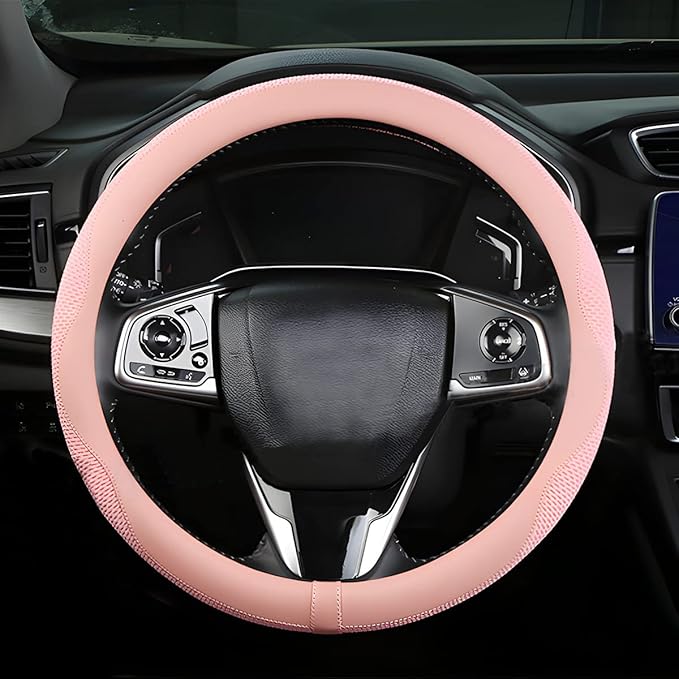 Car Steering Wheel Cover, Microfiber Breathable Ice Silk Leather Steering Wheel Cover Soft Anti-Slip Safety, 15inch Four Season Universal Fits for Most Truck,SUV,Cars (Pink)