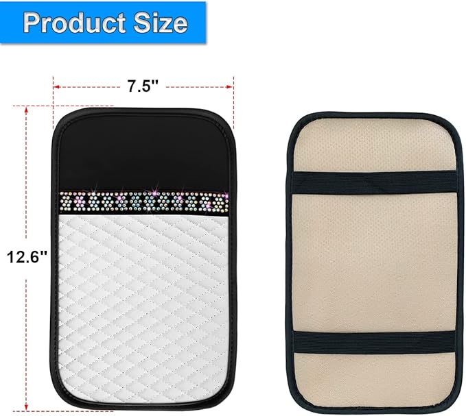Bling Leather Car Center Console Cover, Car Center Console Protector With Glossy Crystal Rhinestone, Universal Waterproof Car Armrest Seat Box Cover For Most Car, Vehicles, SUVs, Trucks (White)