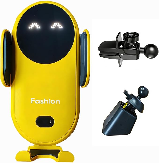 Wireless Car Charger Mount, Cute Car Phone Holder, Automatic Clamping Air Vent Dashboard Smart Phone Holder for iPhone 15/14/13/12/11//XS/XR/8, Samsung S23/22/21/20/Note 20, etc (Yellow)