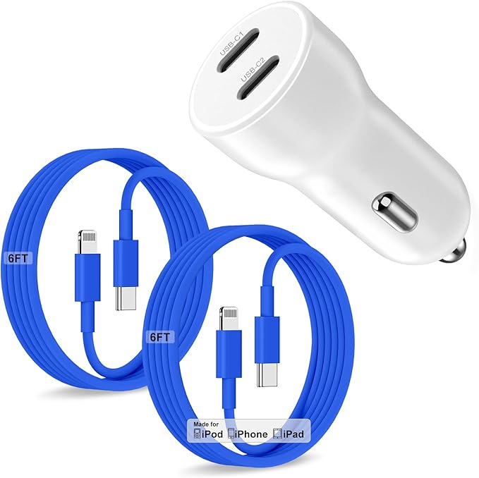 iPhone 14 13 Car Charger, Certified 45W Dual Port USB C Rapid Apple Car Adapter with 6ft Type C to Lightning Cable Fast Charging for iPhone 14 Pro/14 Pro Max/14 Plus/13/12/11/X/XS/SE,iPad-Blue