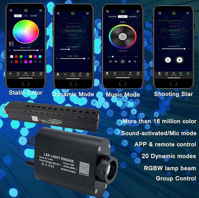 AZIMOM 16W Sound Activate Fiber Optic Starlight Headliner Kit 550pcs 0.03in 13.1ft Fiber Strands, Pure White Meteor Shooting Star Music Mode Remote APP Control Car Use Home Headliner Decor