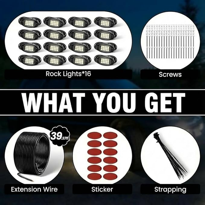 YONEDA 16 Pods White Rock Lights 6000K Pure White LED Underglow Lights IP68 Waterproof for Trucks SUV UTV ATV RZR Car Boats Motorcycle with 39.37ft Extension Wire