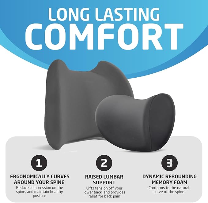 Lumbar & Neck Support Pillow Kit - Gray - Back & Neck Support Pillow for Car & Office Chair - Memory Foam Pillow - Ergonomic Pillow for Neck & Back Pain Relief
