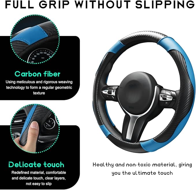 Car Steering Wheel Cover, 15 inch Carbon Fiber Microfiber Leather Elastic Steering Wheel Protector, Breathable Anti-Slip Comfortable Steering Wheel Covers for Most Cars (Black&Blue)