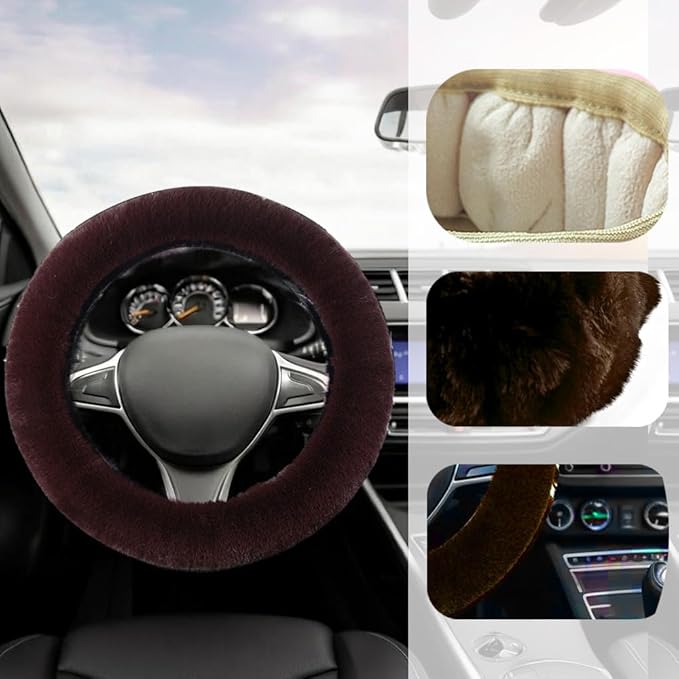 Fluffy Steering Wheel Cover, Winter Warm, Suitable for Most Car Steering Wheels in The 14-15 Inch Range (Coffee, 1PCS)