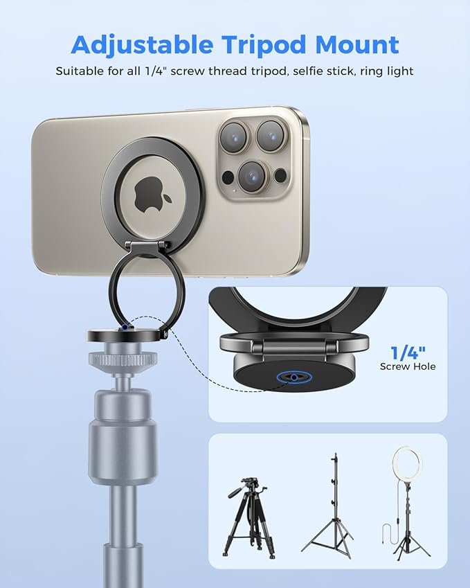 SUPERONE Dual Magnetic Phone Ring Holder, 1/4" Screw Tripod Mount Adapter, Magsafe Holder with Screw Hole Attach iPhone to Iron Object, MagSafe Phone Stand for iPhone 16 15 14 13 12 MagSafe Case
