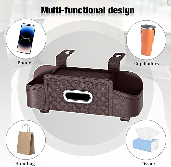Car Backseat Organizer, 4-in-1 Multifunctional Vehicle Seat Back Tissue Box with Cup Holder & Hook, Automotive Backseat Hanging Storage Box for Bag Phone Drink, Universal for Vehicles (Brown)