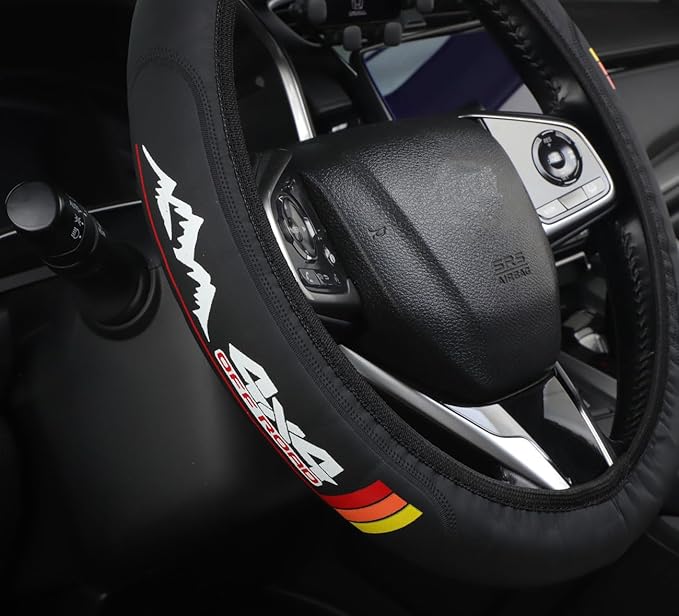 Black Leather Mountains 4x4 Off Road Steering Wheel Cover,Elastic Breathable Design,Universal 14-15 Inch Compatible with TRD Tacoma Tundra 4Runner Sequoia Rav4 Car Accessories