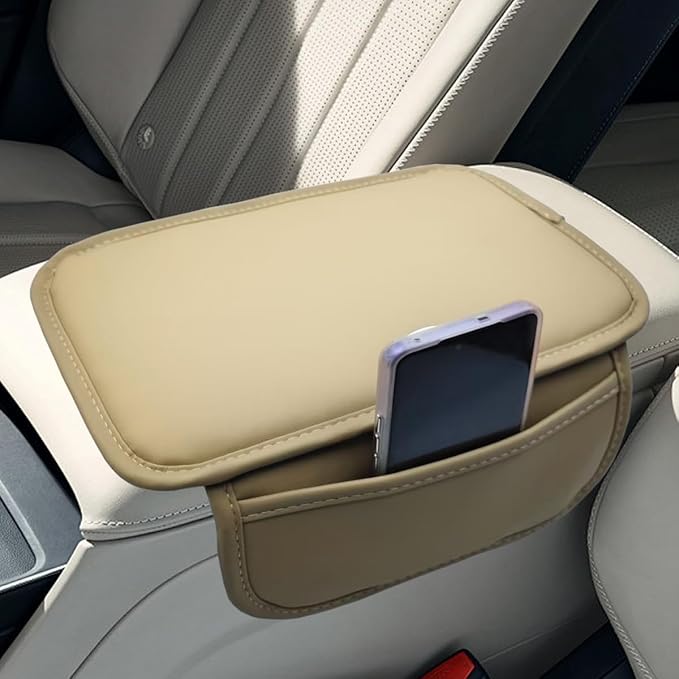 Car Center Console Cover, Leather Waterproof Auto Arm Rest Pad with Storage Bag, Scratch Resistant Middle Console Protector, Comfortable Vehicle Interior Accessories for Sedan SUV (Beige)