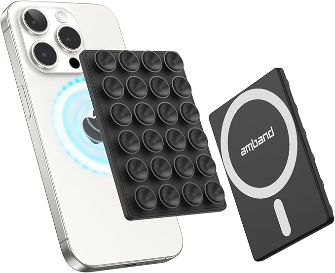 amBand Magnetic Sticky Phone Suction Grip for MagSafe, Removable for Wireless Charging, Durable Magnet Silicone Portable Mount Stand for iPhone 12 13 14 15 16 17 Series, Hands-Free Video/Selfie, Black