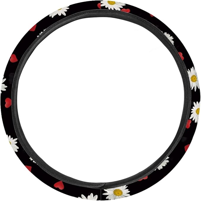 AFPANQZ Cute Daisy Pattern Steering Wheel Cover for Women Sweat Absorbing Non-Slip Steering Wheel Protection Case Machine Washable Universal White Flower on Black
