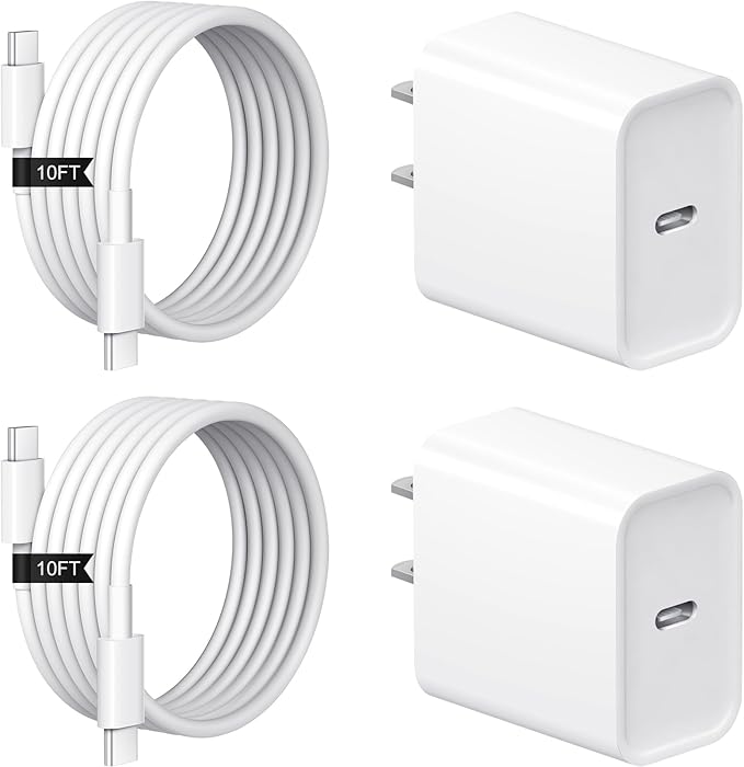 iPhone 17 16 15 Charger Fast Charging 2+2Pack 20W USB C Wall Charger with 10FT Fast Charging Cable Compatible with iPhone 17/17 Air/17 Pro/17 Pro Max/iPhone 16/15 Series, iPad Pro/AirPods