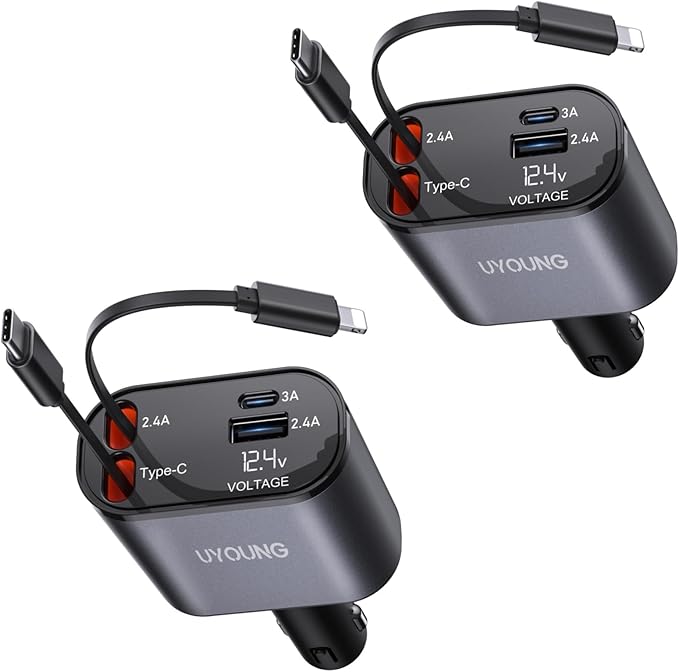 Car Phone Charger Adapter 2Pack Retractable Car Charger 4in1 Fast Charging Dual Retractable Cables 31.5 Inch Multiple Ports Charging Station Compatible with iPhone 17/16/15/14/13/12/11 Pro Max/Samsung
