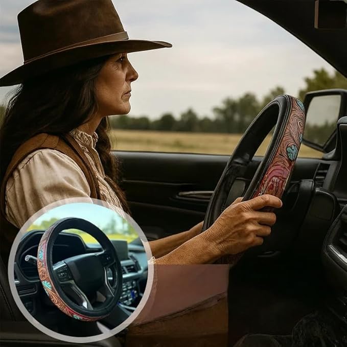 Western Steering Wheel Cover,Retro Western Cowboy Car Universal Steering Wheel Cover,Embossed Hand-Painted Leather Western Car Accessories, for Women Man, Anti-Slip Design Easy to Install (F)