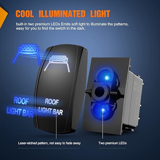 Nilight Roof Light Bar Rocker Switch Led Light Bar Switch 5Pin Laser On Off SPST switches 20A/12V 10A/24V Switch Blue with Jumper Wires Set for Cars Trucks RVs,2 Years Warranty