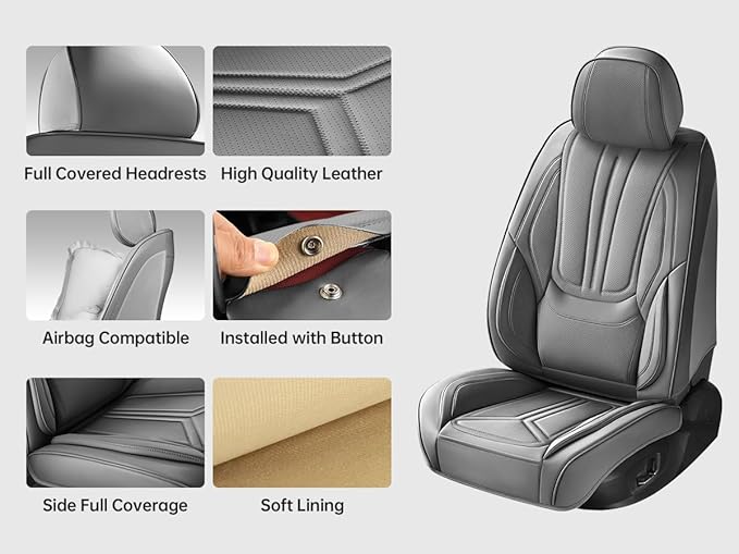 Car Seat Covers, Premium Leather Car Seat Covers, Waterproof and Breathable Seat Covers, Universal Car Seat Protector Fit for Cars, Trucks, SUVs, Pick-ups (Gray, 2 PCS Front Seat)
