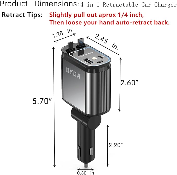 4 in 1 Retractable Car Charger with Starry Light,69W USB-C Fast Car Charger, for iPhone 17/16/15/14/13/12/11, Android,Pixel,Cigarette Lighter Charger (Dual Cord USB-C)