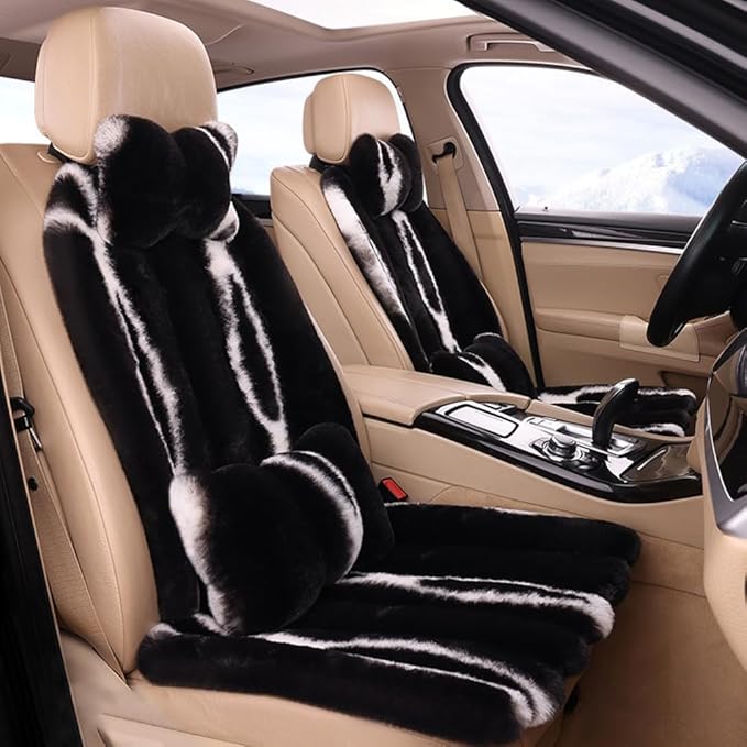 Luxury Plush Car Seat Cushion Set Car Headrest & Lumbar Support & Seat Cushion & Back Support Pillow Fluffy Fuzzy Car Seat Covers Non-Slip Cushion for Universal Accessories Automobiles (8, Black)