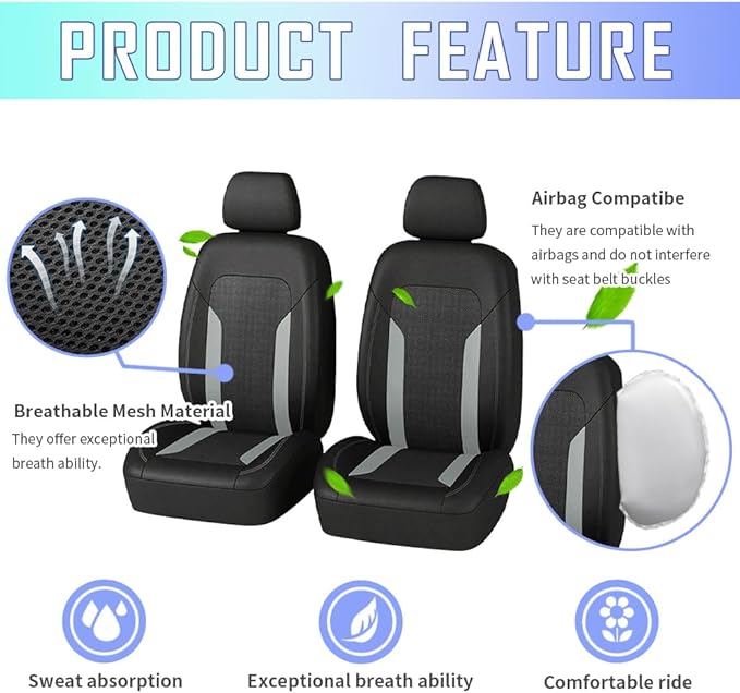 4PCS Cooling Car Seat Covers,Breathable Front Seat Covers with Mesh Construction and Foam Padding,Car Seat Protector to Reduce Back Sweating,Universal Car Interior for Car SUV (Gray)