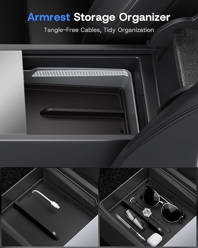 Center Console Organizer Tray for 2025 2026 Tesla Model Y Juniper (Premium & Performance) & All Model 3 Highland, Durable PC +Silent Silicone Liner Armrest Storage Box Wireless Charging Pad 4PCS
