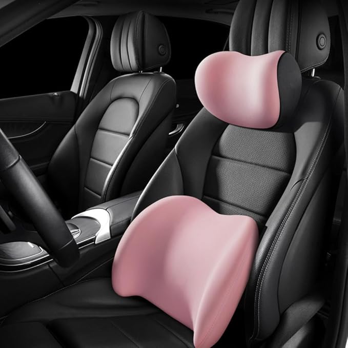 Car Headrest & Lumbar Support Cushion, Ergonomic Car Seat Headrest & Lumbar Cushion, Car Lumbar Support Pillow and Car Neck Pillow Kit for Office Chair, Truck, Wheelchair (Pink)