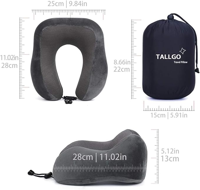 TALLGO Travel Pillow, Best Memory Foam Neck Pillow Head Support Soft Pillow for Sleeping Rest, Airplane Car & Home Use (Grey)