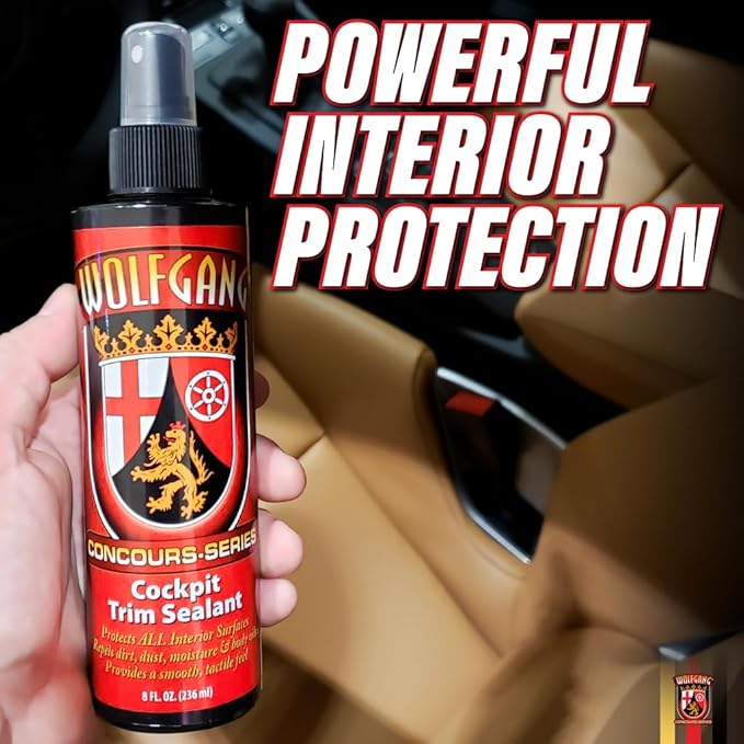Wolfgang Cockpit Trim Sealant | Interior UV Protection & Restorer for Leather, Vinyl, Plastic, Rubber, Wood & Metal | Prevents Fading, Cracking & Staining | Non-Greasy, Natural Finish | 8 oz.