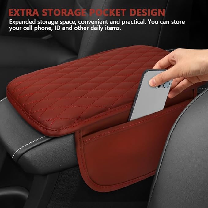 Car Center Console Cover, 12"×7.87" Waterproof Leather Auto Armrest Cover Protector with 2 Pocket, Comfortable Arm Rest Box Cushion Pad, Universal Interior Car Accessories (Wine Red)