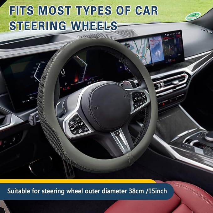 Car Steering Wheel Cover, Steering Wheel Accessories, Universal 15 Inch Microfiber Breathable LCE Silk, Car Accessories Breathable Anti-Slip Protector Universal for SUV Sedan Truck (Gray)