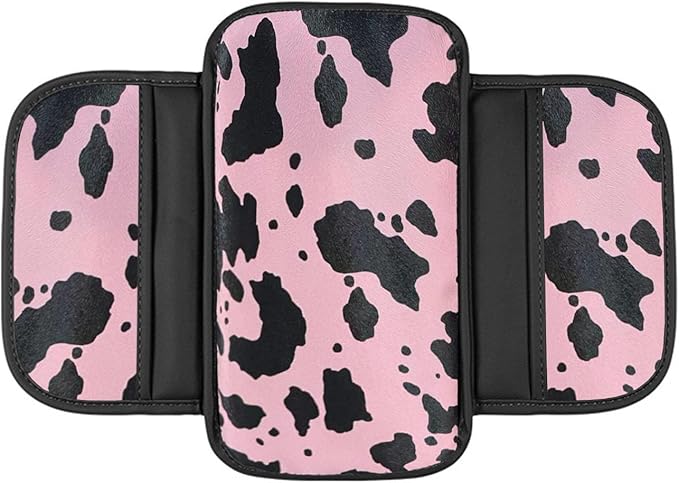 Cow Print Car Center Console Cover PVC Leather Armrest Cushion with 2 Storage Bags Universal Car Armrest Seat Box Pad Car Interior Accessories Protector for Women Men (Pink Black)
