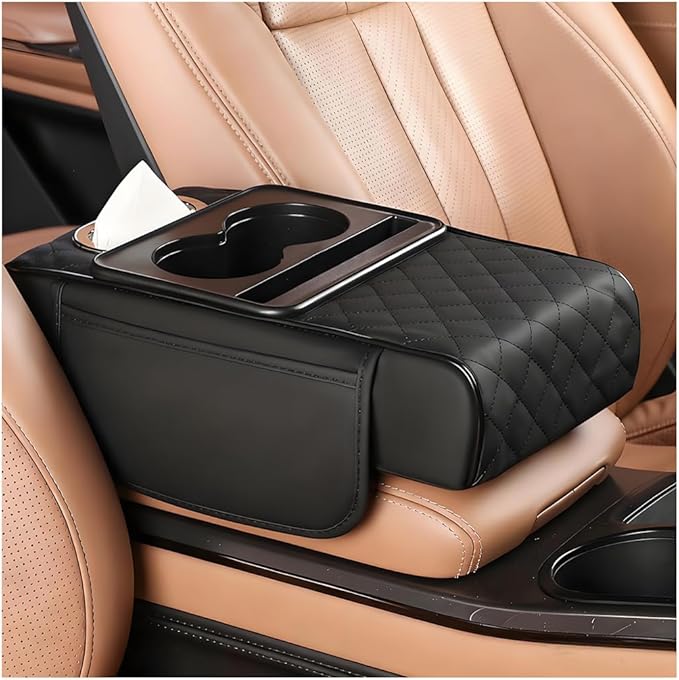 Car Armrest Cushion, 5-in-1 Nappa Leather Vehicle Centre Console Cover with 2 Storage Pockets, Cup Phone & Phone Holder, Multifunctional Auto Organiser Accessories, Universal Fit (Black)