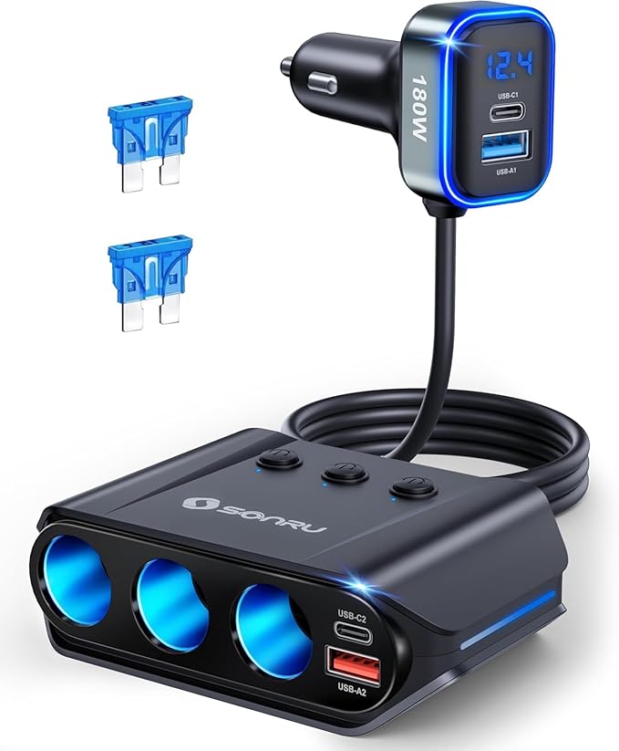 7 in 1 Cigarette Lighter Splitter, SONRU 180W (max 192W) 3-Socket Car Cigarette Lighter Adapter with Dual PD 36W/QC3.0 Fast Charging (3.7FT Cable) 12V/24V Independent Switches & LED Voltage Display