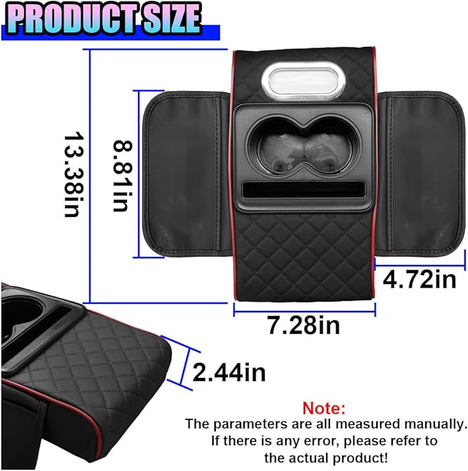 Leather Car Center Console Cover, Universal Automotive Armrest Booster Cushion, Vehicle Middle Console Organizer with 2 Cup Holders, Side Storage Bag, Tissue Box & Phone Slot(BlackRed)