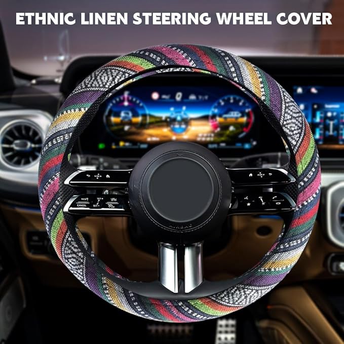 Boho Steering Wheel Cover, Steering Wheel Cover Women, 15 inch Hippie Style Protector Covers, Universal Ethnic Flax Cloth Car Accessories Universal for SUV Van Truck (Hippie-B)