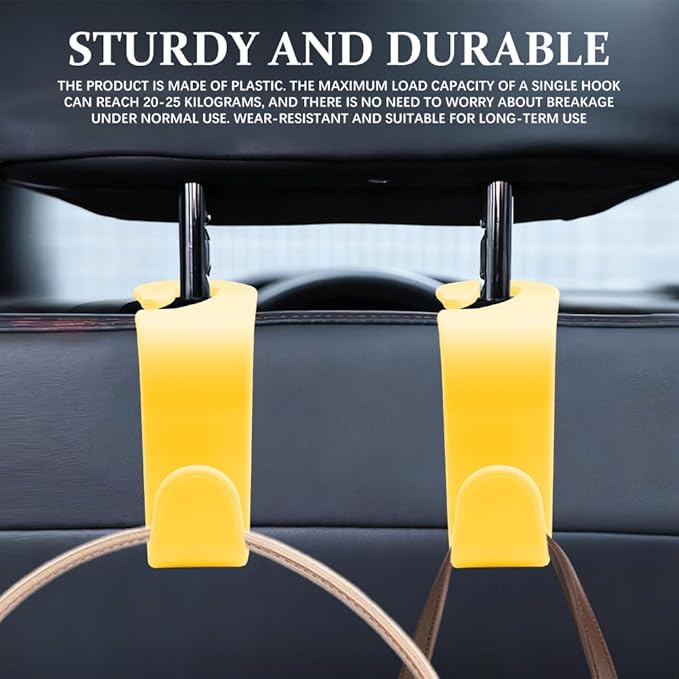 4PCS Car Seat Headrest Hooks, Purse Hook for Car, Auto Back Seat Organizer Storage Hanger Holder, Auto Accessories Multi-Use Portable Headrest Organizer Holder for Purse Handbag Coats (Yellow)