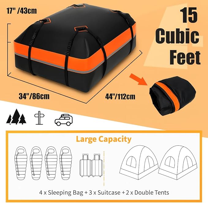Car Roof Bag Rooftop Cargo Carrier Bag 15 Cubic Feet Waterproof for All Cars with/Without Rack, Includes Anti-Slip Mat, 8 Reinforced Straps, 6 Door Hooks, Storage Bag, Luggage Lock by MCCKLE